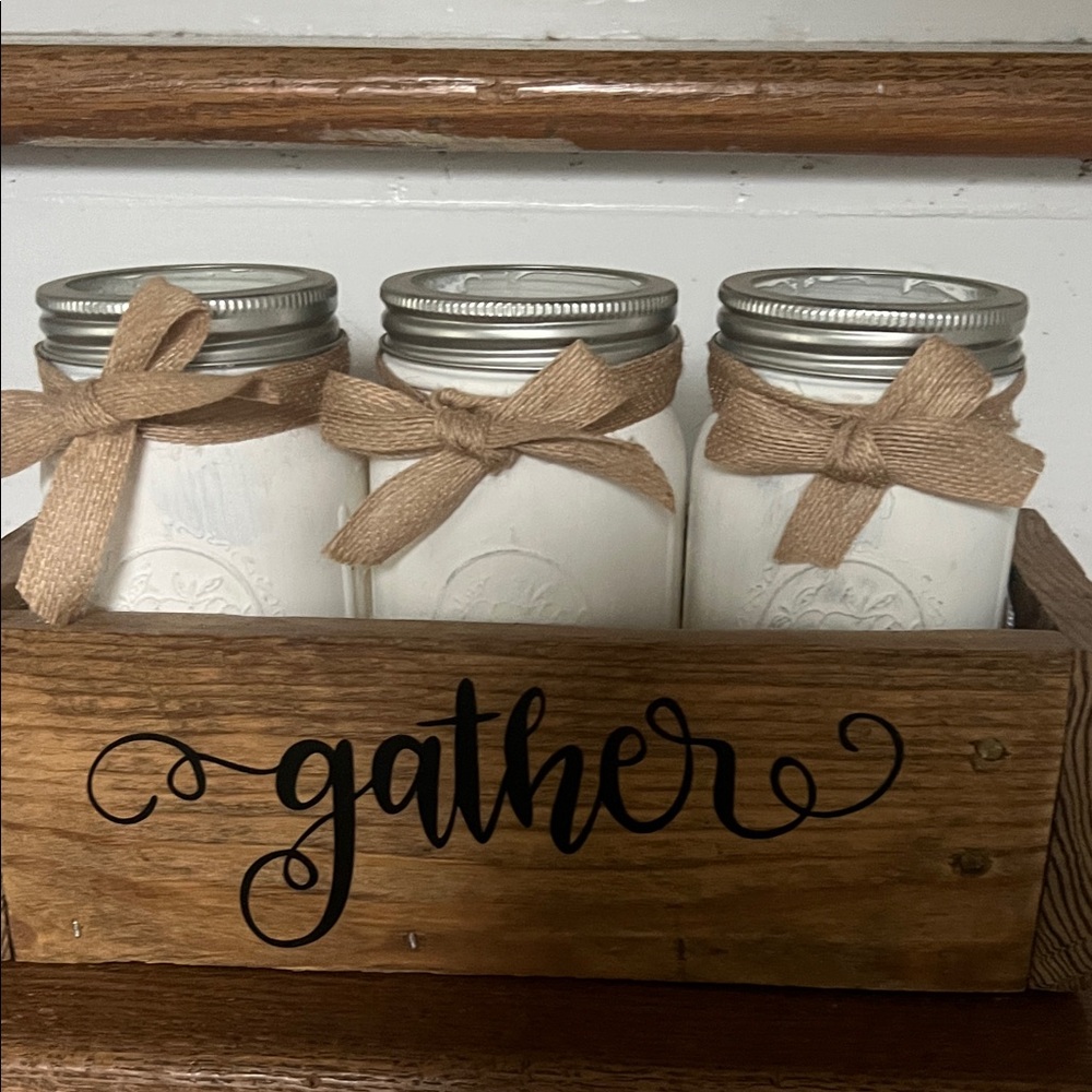 Wooden Crate with White Jars and Burlap Bows - Picture 4 of 5